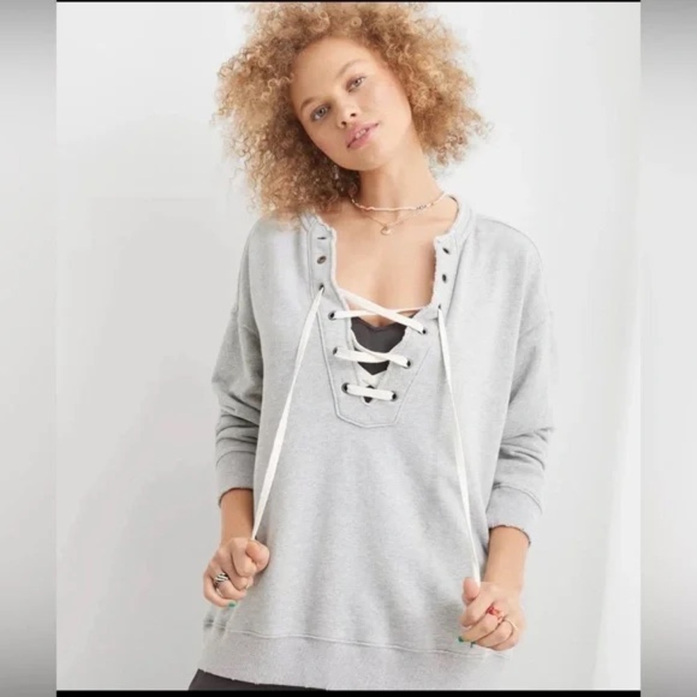 Aerie Lace Up Oversized Crew Sweatshirt Women’s XS Light Gray Cozy Core Varsity